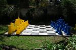 blue and yellow chess set