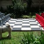 grey and red chess set